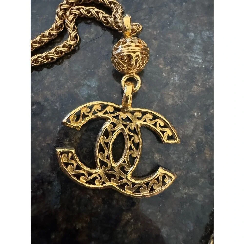 30 Chanel Vintage CC Pendant and Filigree Ball Necklace 95A 32